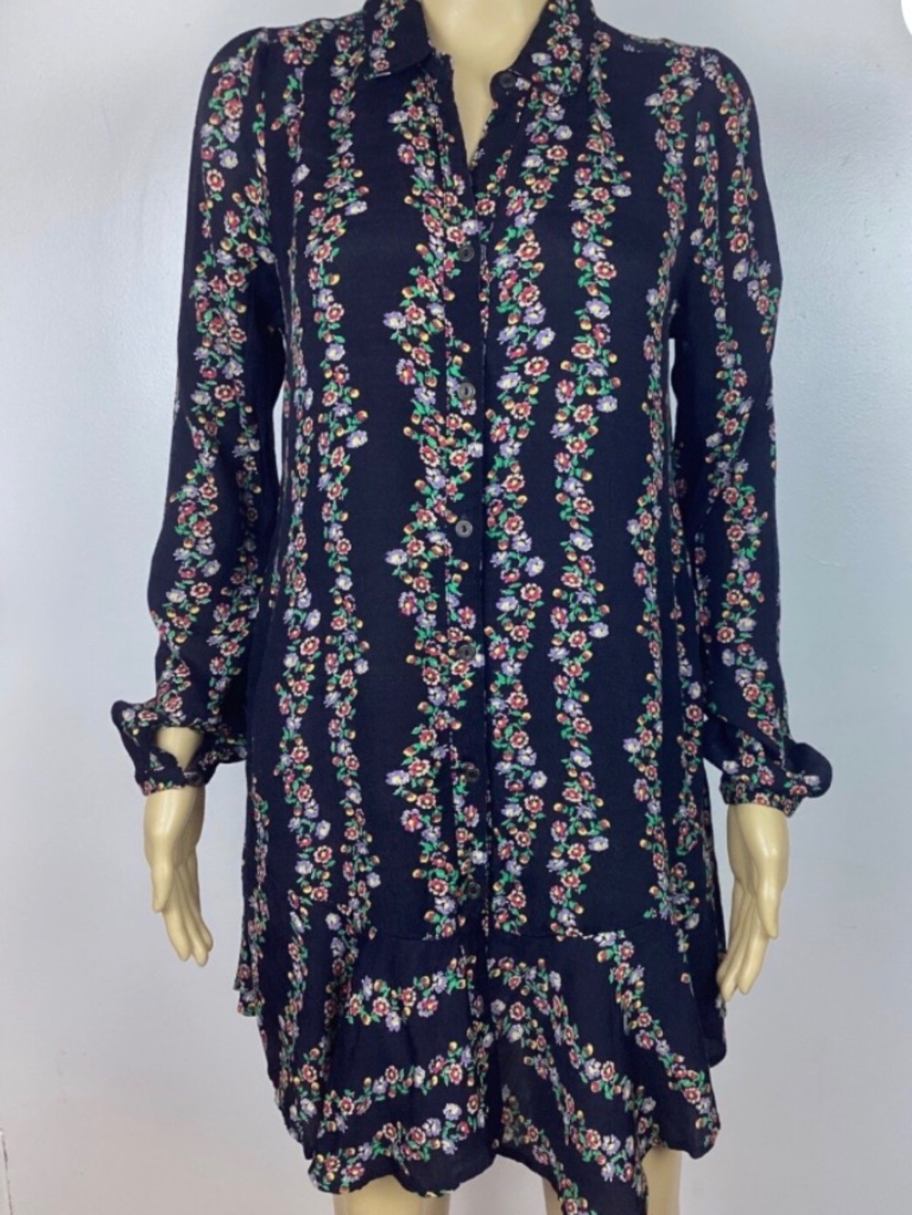 Free People Button Down Shirt Dress, black floral Sz XS